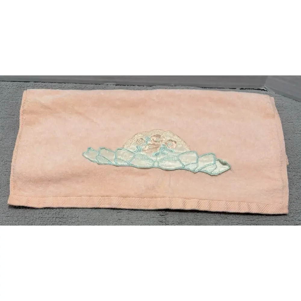 Towel Hand & Bath Set of 2 Peach Floral Embroidered Applique Saturday Knight